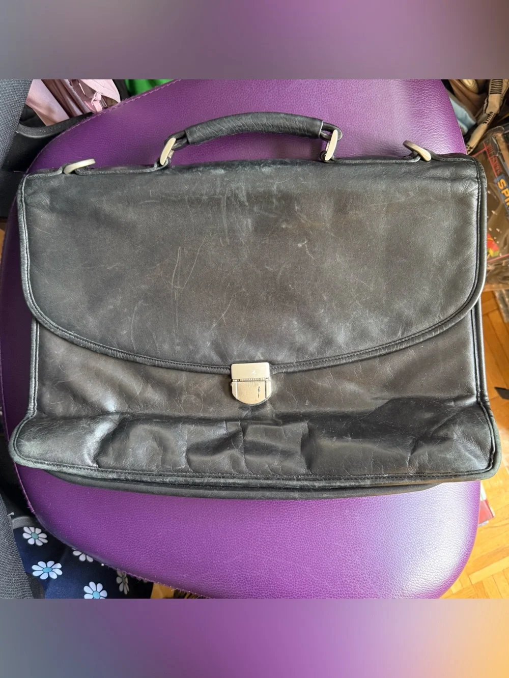 Black Leather Men's Briefcase with Top Handle and Metal Clasp